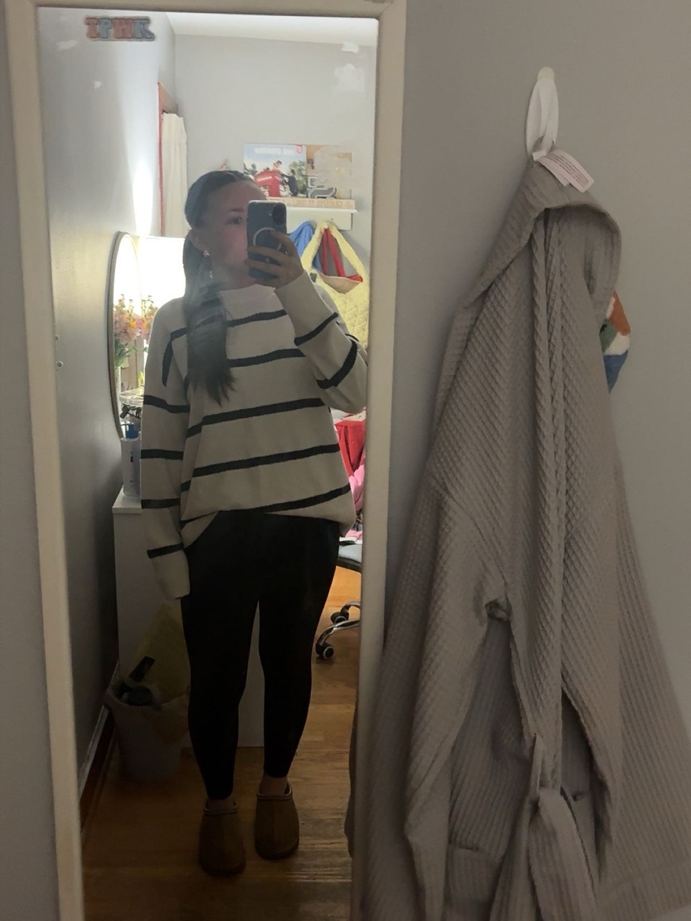 aerie Cream and Black Striped Crewneck Sweater